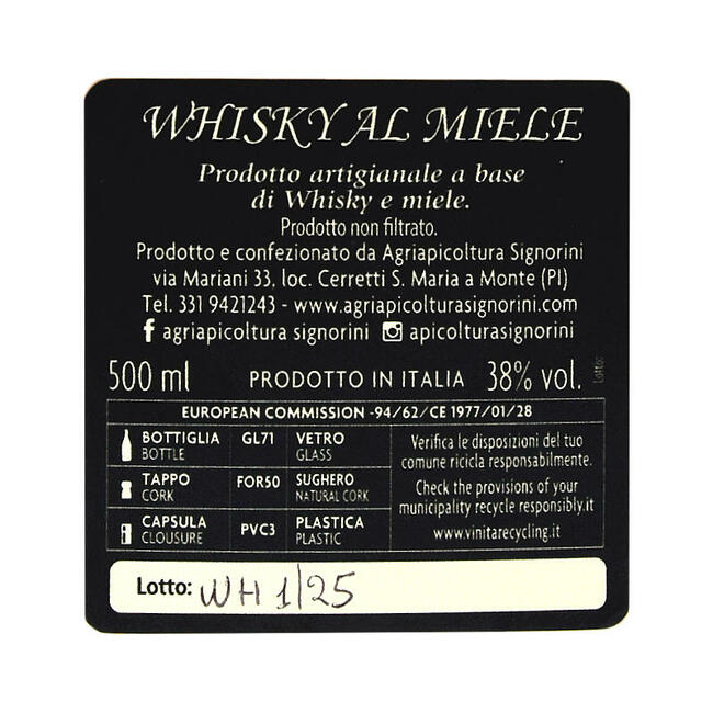 Whisky al Miele - Etichetta Bottiglia 500 ml - 38% vol.