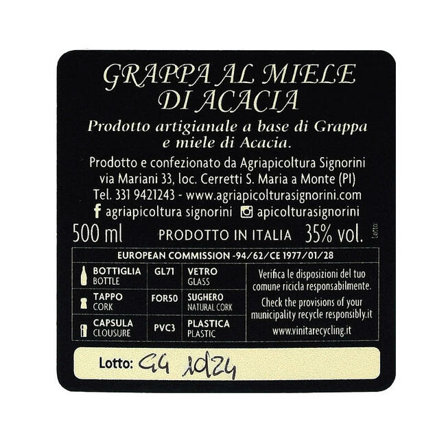 Grappa al Miele di Acacia - Etichetta Bottiglia 500 ml - 35% vol.