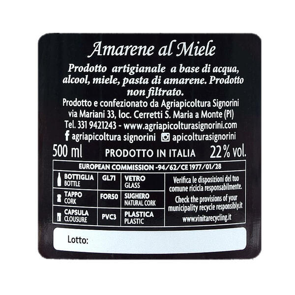 Liquore di Amarene al Miele - Etichetta Bottiglia 500ml - 22% vol.